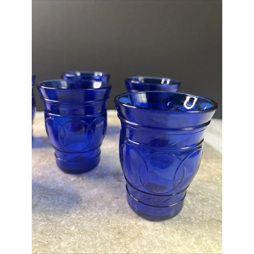 Set Of 6 -1930's Hazel Atlas Blue Cobalt Ring of Rings 3 Oz Cordial Shot Glasses